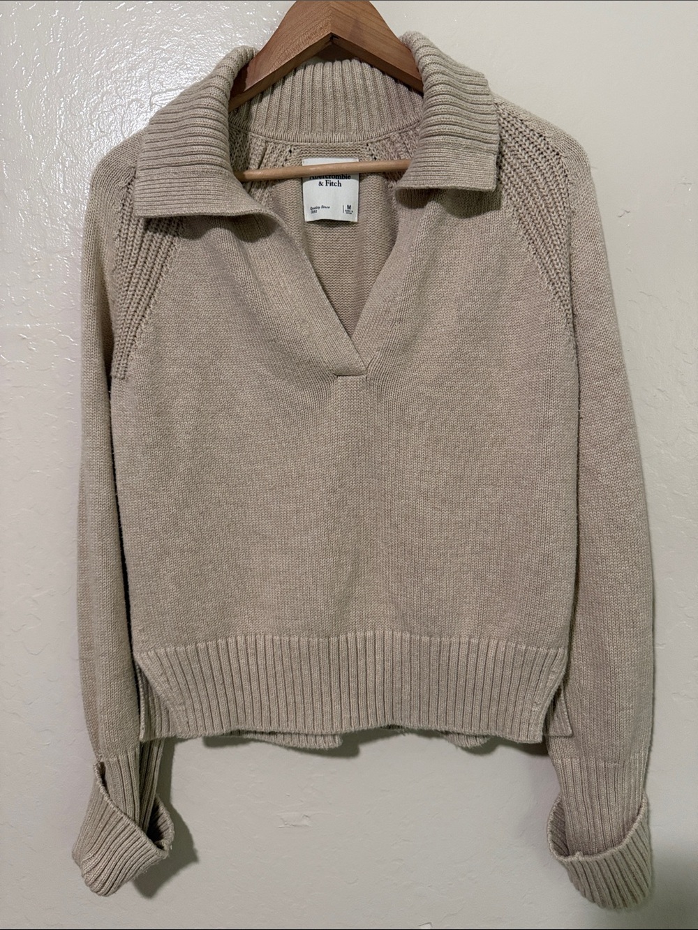Abercrombie & Fitch Oatmeal Taupe V-Neck Collared Knit Pullover Sweater Size M